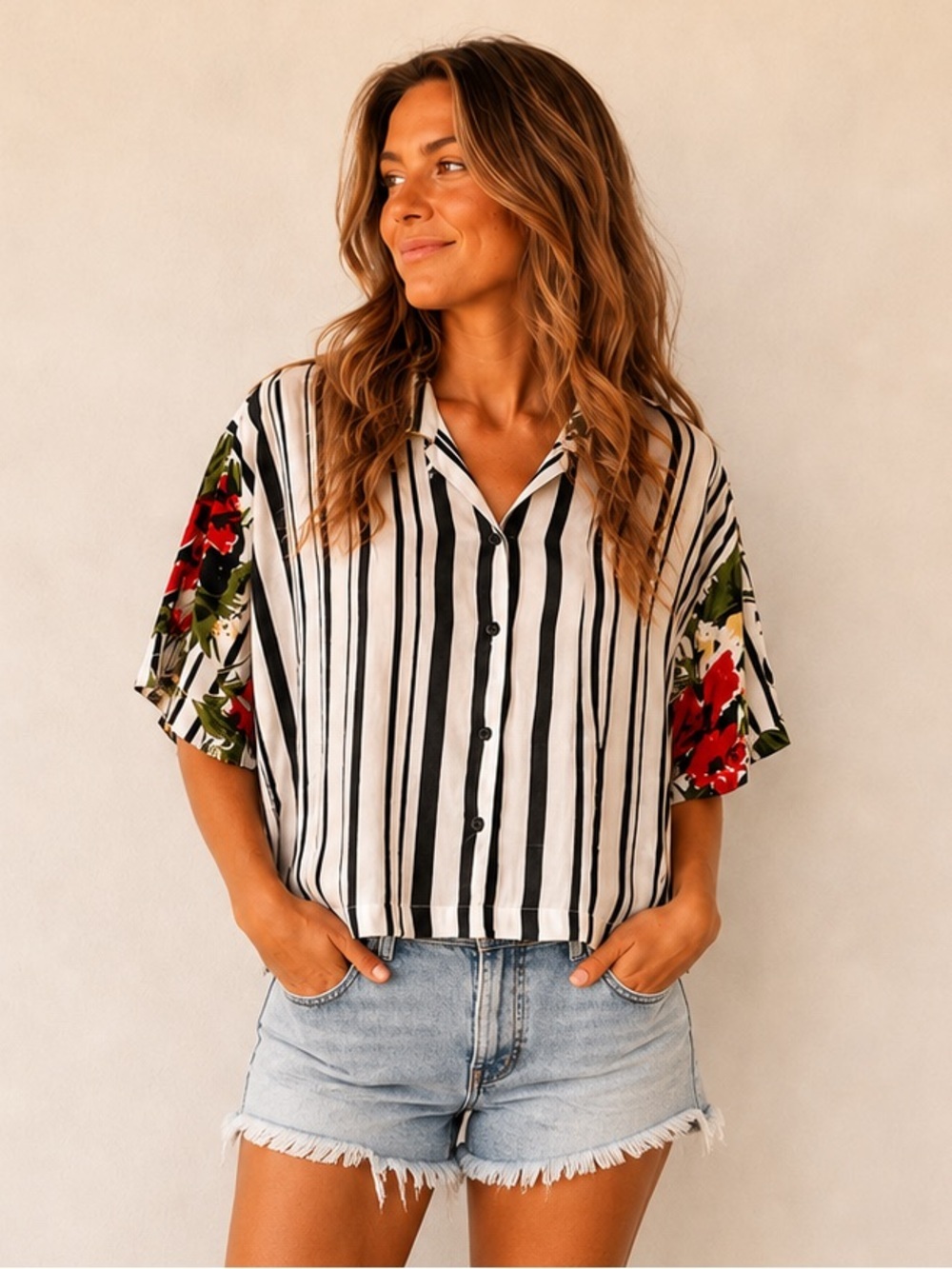 Vintage Juke Box Rayon Top Black White Stripe Floral Top Size L